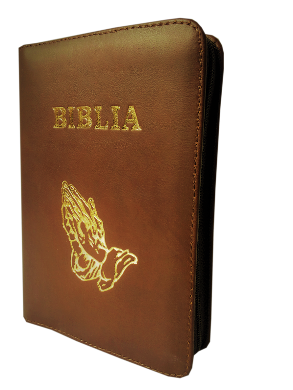 Biblie din piele, mica, maro inchis, fermoar, simbol maini, margini argintate, cuv. lui Isus cu rosu  [043 A]