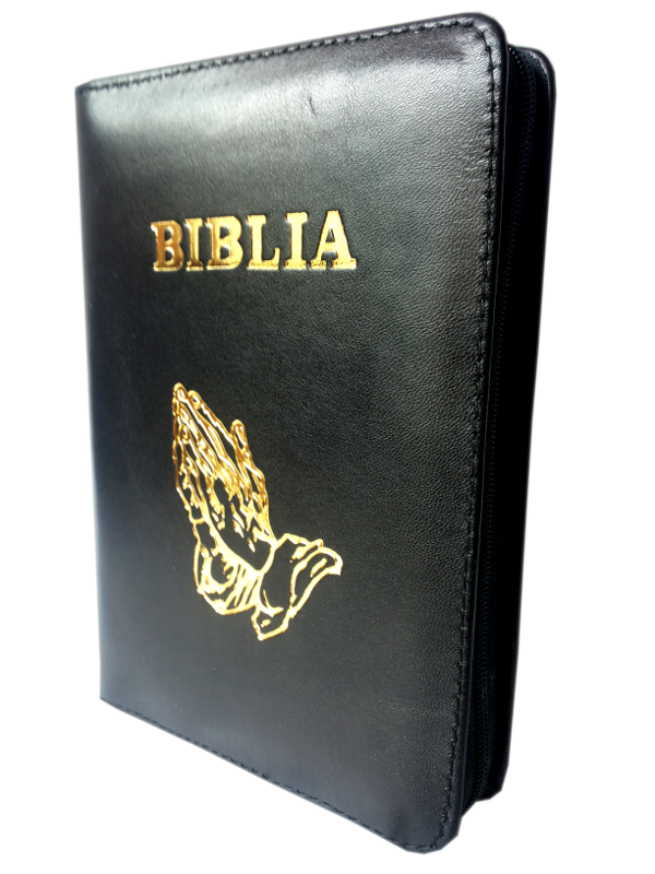 Biblie din piele, mica, neagra, fermoar, cu maini, cuv. lui Isus in rosu [043]