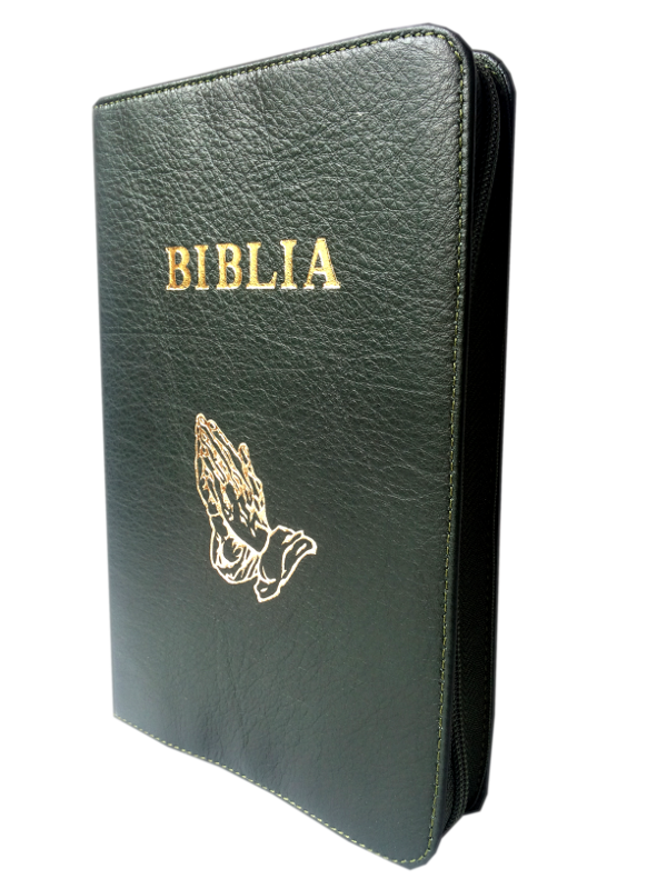 Biblia NTR (Biblia Noua Traducere), coperta din piele, verde inchis, cu maini, fermoar, marime medie Biblia NTR (Biblia Noua Traducere), coperta din piele, verde inchis, cu maini, fermoar, marime medie