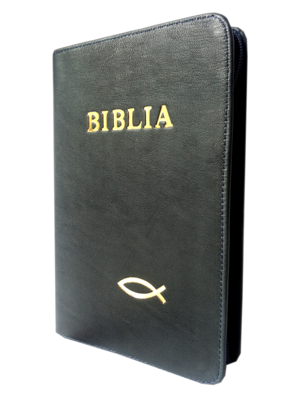 Biblia NTR (Biblia Noua Traducere), coperta din piele, bleumarin inchis, cu maini, fermoar, marime medie Biblia NTR (Biblia Noua Traducere), coperta din piele, bleumarin inchis, cu maini, fermoar, marime medie
