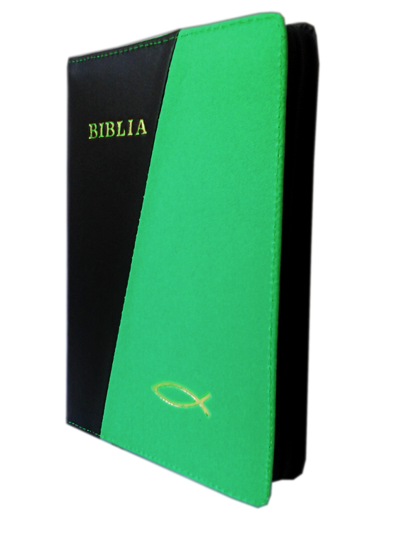 Biblia din piele, marime medie, negru / verde, fermoar, cu peste, cuv. lui Isus cu rosu [053]