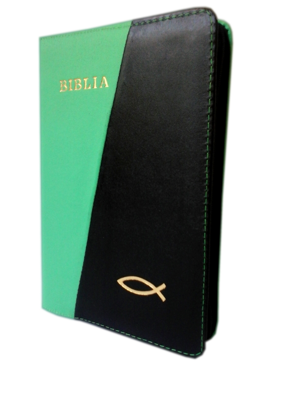 Biblia din piele, marime medie, verde / negru, fermoar, aurita, cu peste, cuv. lui Isus cu rosu [052]