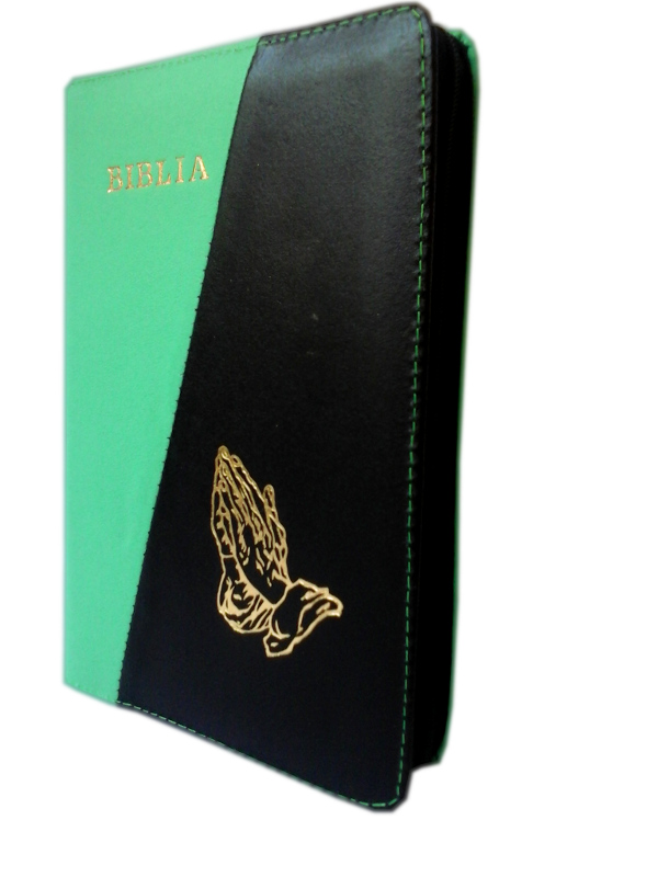 Biblia din piele, marime medie, verde turcoaz / negru, fermoar, aurita, cu maini, cuv. lui Isus cu rosu [052]