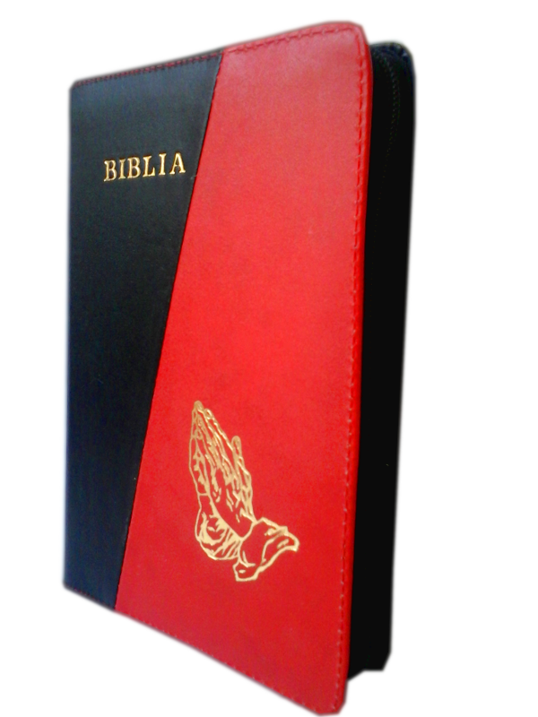 Biblia din piele, marime medie, negru / rosu, fermoar, aurita, cu maini, cuv. lui Isus cu rosu [052]