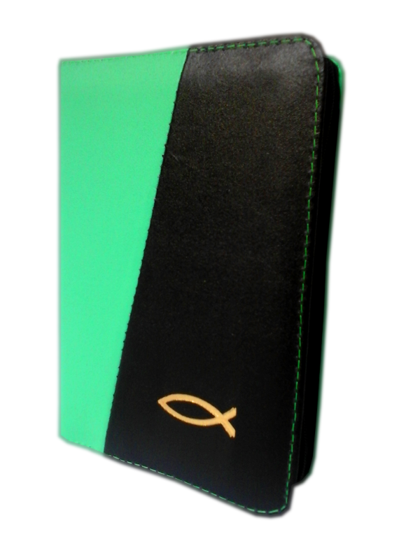 Biblie din piele, mica, verde / negru, fermoar, cu peste, cuv. lui Isus in rosu [043 A]