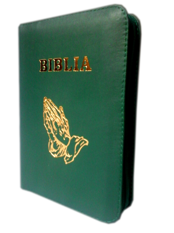 Biblie din piele, mica, verde, fermoar, cu maini, cuv. lui Isus in rosu [043 A]