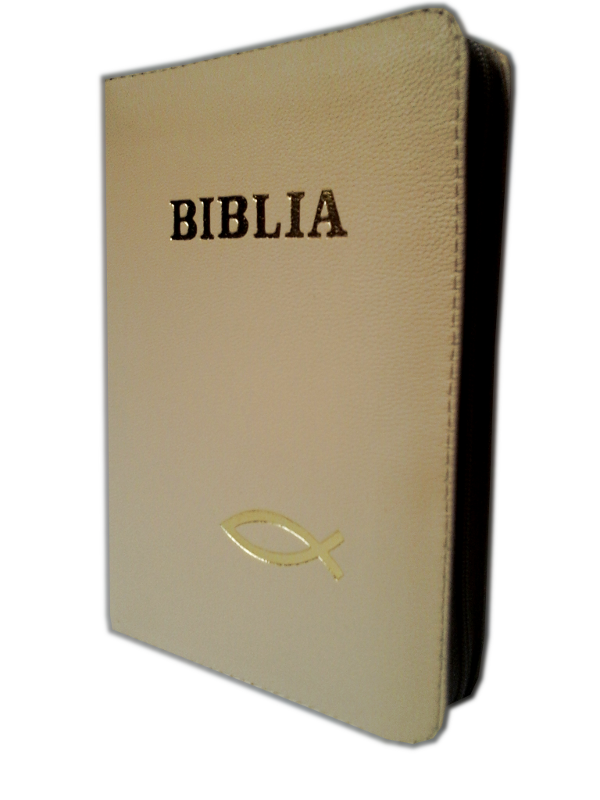 Biblie din piele, mica, bej deschis, fermoar, cu peste, cuv. lui Isus in rosu [043 A]
