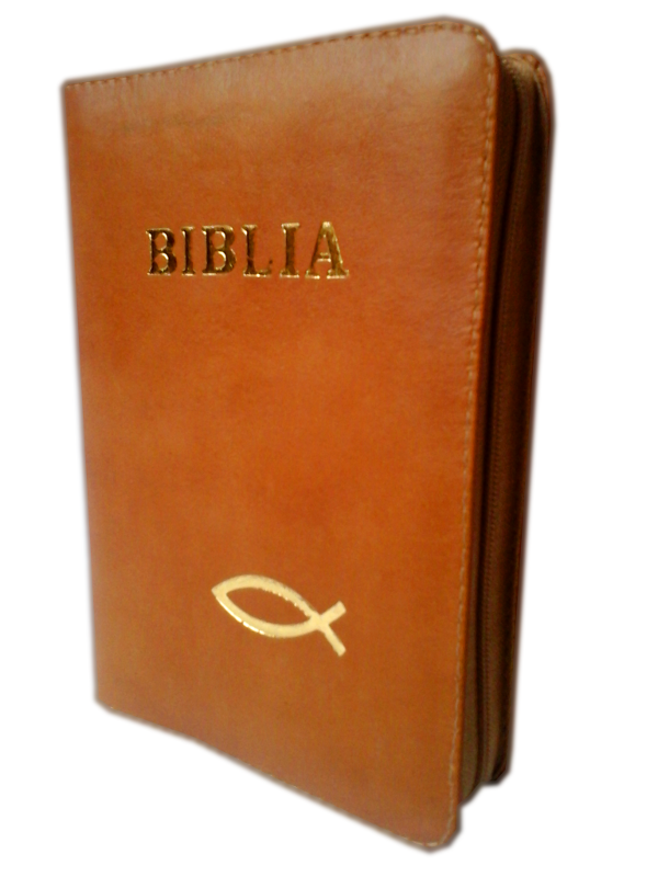 Biblia mica, piele, fermoar, maro, cu peste, cuv. lui Isus cu rosu [043 A]