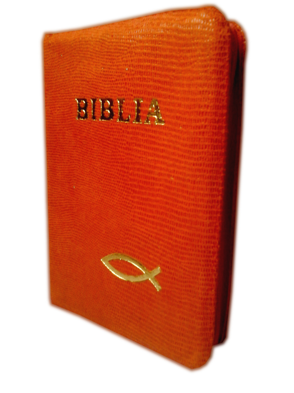 Biblia mica, piele, fermoar, caramizie, cu peste, cuv. lui Isus cu rosu [043 A]