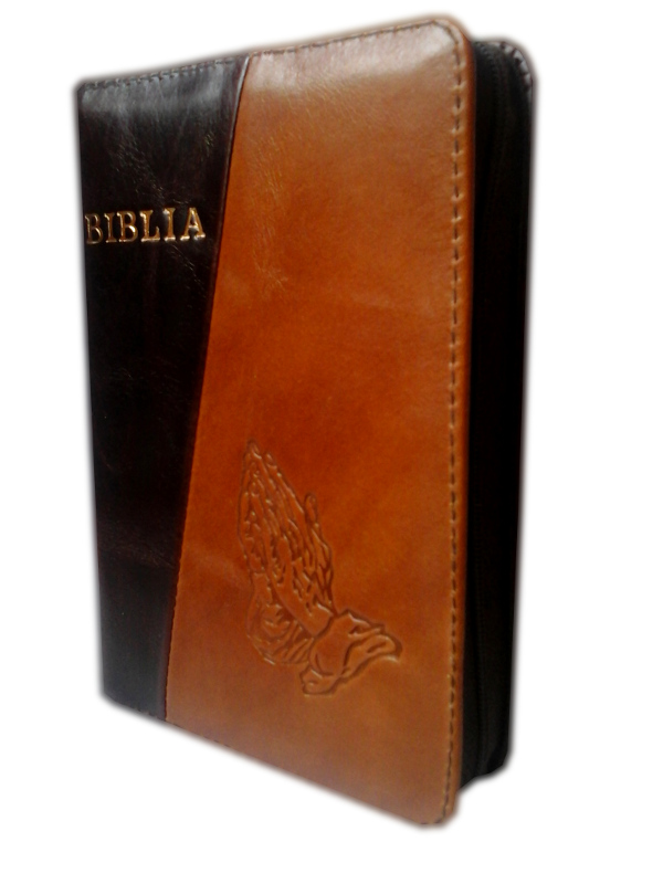 Biblia mica, piele, fermoar, maro inchis / maro deschis, cu maini gravate, cuv. lui Isus cu rosu [043 A]