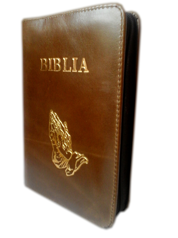 Biblia mica, piele, fermoar, castaniu inchis, cu maini, cuv. lui Isus cu rosu [043 A]