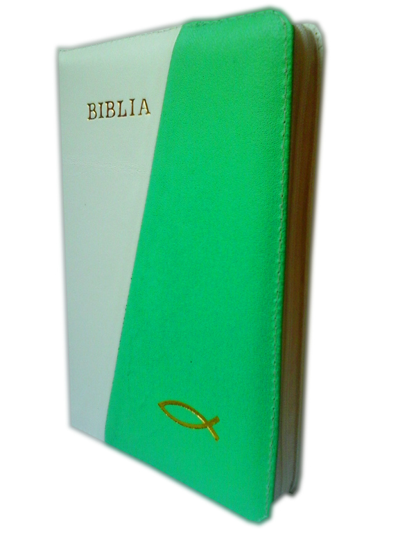 Biblia din piele, marime medie, alb / verde, fermoar, aurita, cu maini, cuv. lui Isus cu rosu [052]