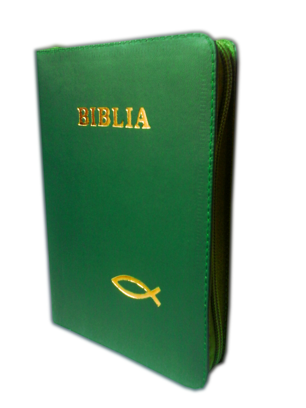 Biblia din piele, marime medie, verde, fermoar, aurita, cu peste, cuv. lui Isus cu rosu [052]