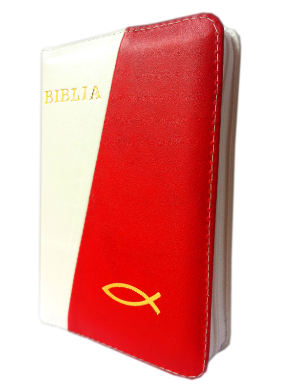Biblie din piele, mica, alb / rosu, fermoar, cu peste, cuv. lui Isus in rosu [043 A]