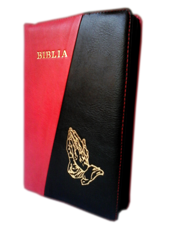 Biblia din piele, marime medie, roz bombon / negru, fermoar, aurita, cu maini, cuv. lui Isus cu rosu [052]