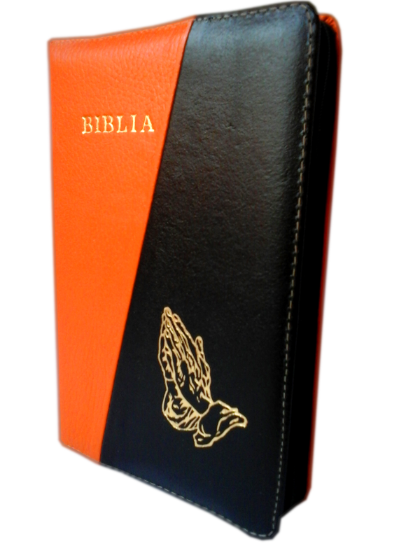 Biblia din piele, marime medie, portocaliu / negru, fermoar, aurita, cu maini, cuv. lui Isus cu rosu [052]