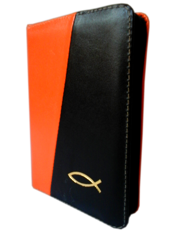 Biblie din piele, mica, portocaliu / negru, fermoar, cu peste, cuv. lui Isus in rosu [043 A]