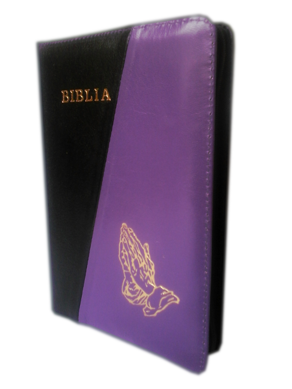 Biblia din piele, marime medie, negru / mov, fermoar, cu maini, cuv. lui Isus cu rosu [053]