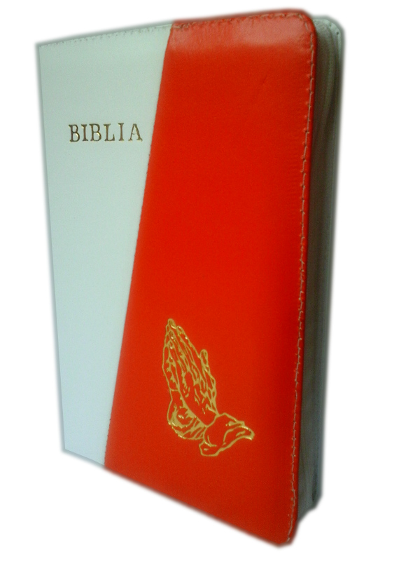 Biblia din piele, marime medie, alb / portocaliu, fermoar, cu maini, cuv. lui Isus cu rosu [053]