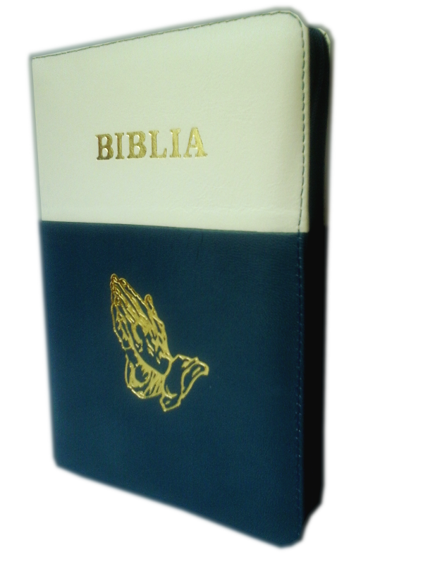 Biblia din piele, marime medie, alb-albastru bleumarin, fermoar, margini aurii, cu maini, cuv. lui Isus cu rosu [052]