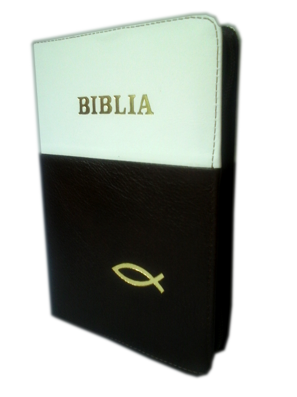 Biblia din piele, marime medie, alb-maro inchis, fermoar, margini aurii, cu peste, cuv. lui Isus cu rosu [052]