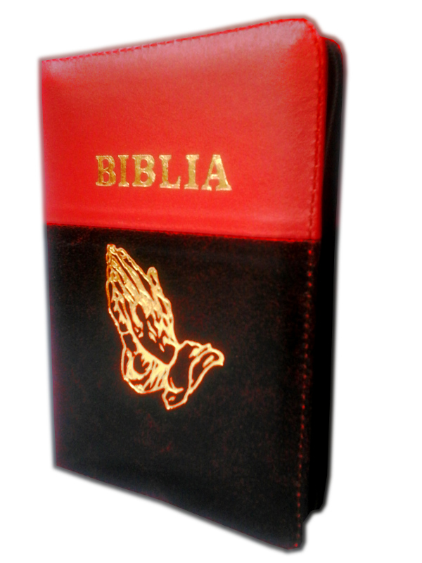 Biblie din piele, dimensiune mica, rosu-visiniu, fermoar, cu maini, cuv. lui Isus in rosu [043 A]