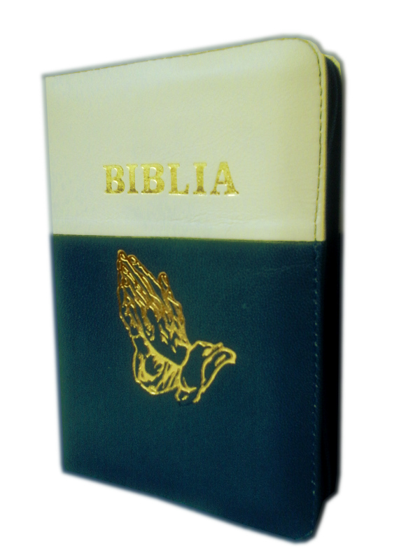 Biblie din piele, dimensiune mica, alb ivoire-albastru, fermoar, cu maini, cuv. lui Isus in rosu [043 A]