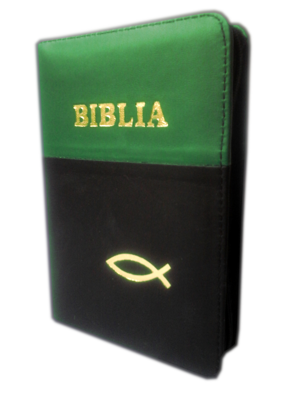 Biblie din piele, dimensiune mica, verde-negru, fermoar, cu peste, cuv. lui Isus in rosu [043 A]