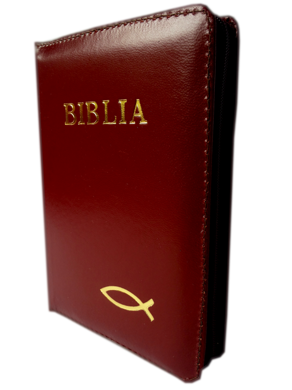 Biblia format mic, din piele, culoare visinie, index, fermoar, margini argintii, simbolul peste, cuv. lui Isus in rosu [047 PFI]