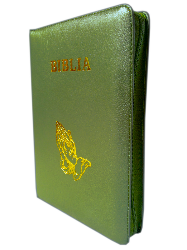 Biblia din piele, marime medie, verde oliv, fermoar, cu maini, cuv. lui Isus cu rosu [053]