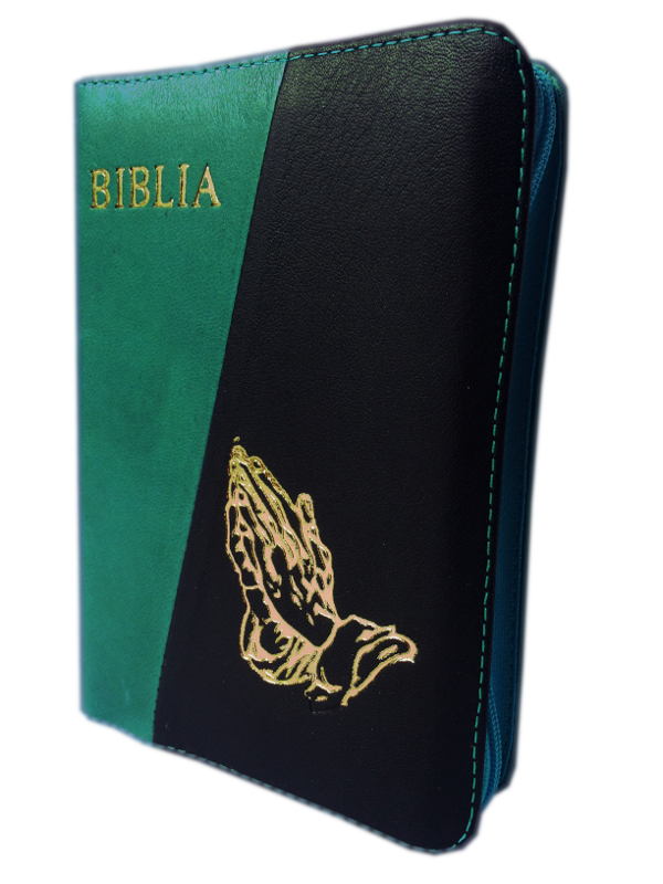 Biblia din piele, mica, fermoar, verde turcoaz / negru, cu maini, cuv. lui Isus cu rosu [043]