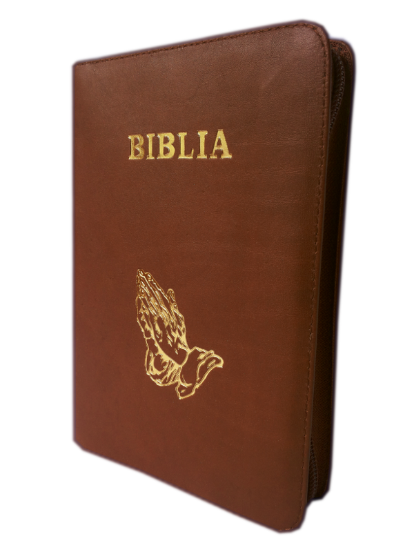 Biblia din piele, marime medie, maro, fermoar, cu maini, cuv. lui Isus in rosu [052]