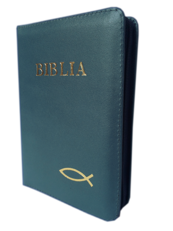Biblia din piele, mica, bleumarin, fermoar, cu peste, margini aurite, cuv. lui Isus cu rosu [043]