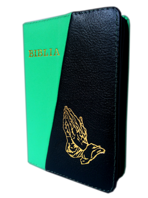 Biblie din piele, mica, verde / negru, fermoar, cu maini, cuv. lui Isus in rosu [043 A]