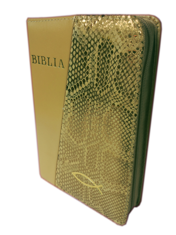 Biblie din piele, mica, combinatie de bej, fermoar, cu peste, cuv. lui Isus cu rosu [043]