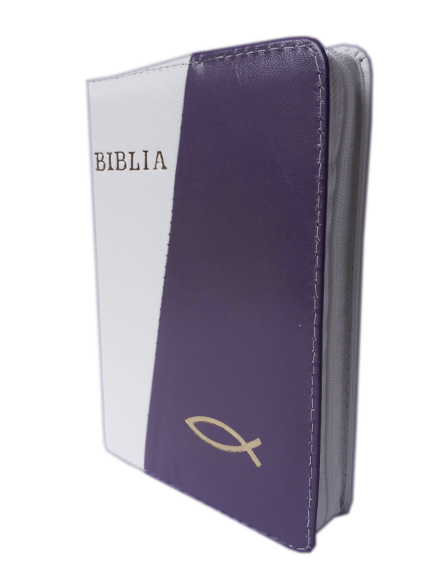 Biblie din piele, dimensiune mica, alb / mov, fermoar, cu peste, cuv. lui Isus in rosu [043 A]
