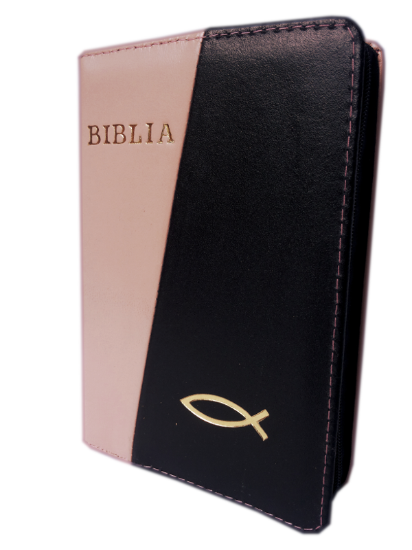 Biblie din piele, mica, roz pal / negru, fermoar, cu peste, cuv. lui Isus in rosu [043 A]