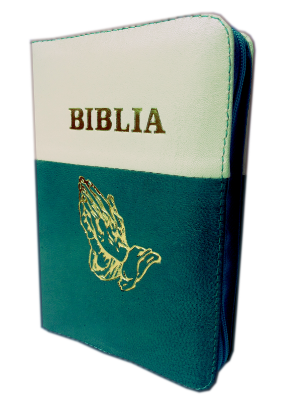 Biblie din piele, dimensiune mica, alb ivoire-verde turcoaz, fermoar, cu maini, cuv. lui Isus in rosu [043 A]
