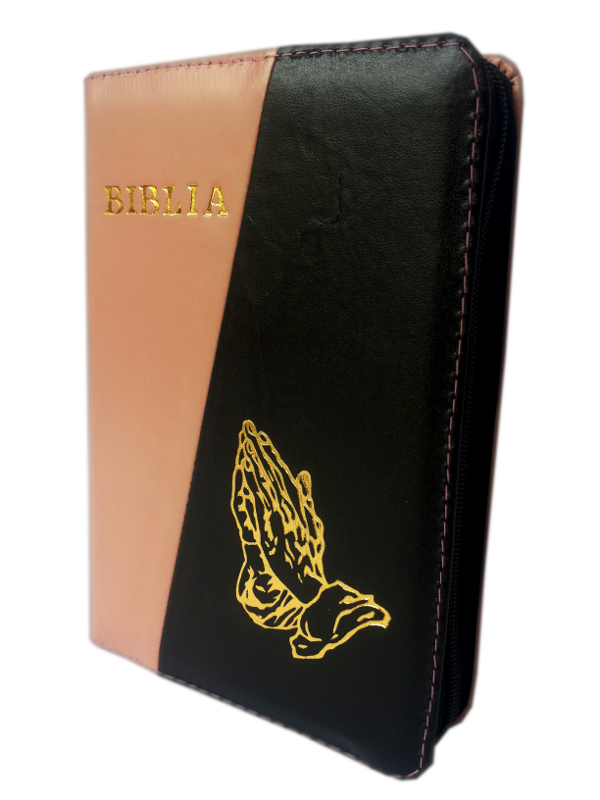 Biblie din piele, mica, roz pal / negru, fermoar, cu maini, cuv. lui Isus in rosu [043 A]