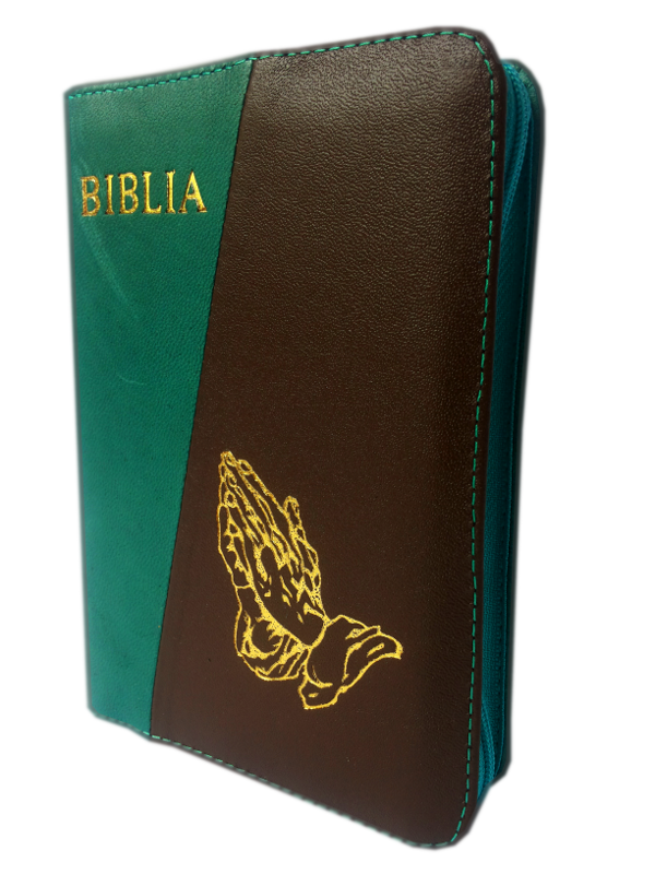Biblie din piele, mica, verde turcoaz / maro, fermoar, cu maini, cuv. lui Isus in rosu [043 A]