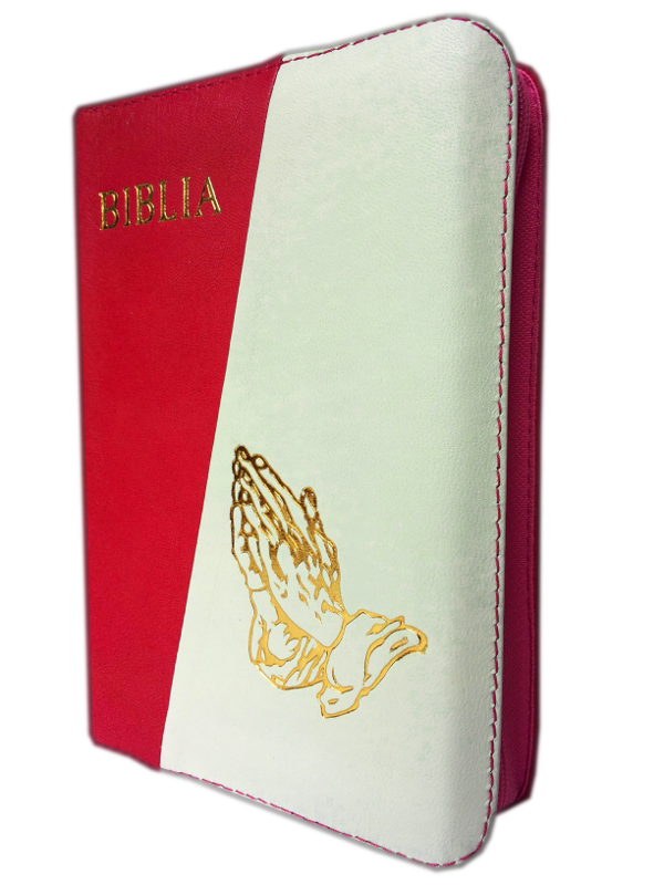 Biblie din piele, mica, roz bombon / alb, fermoar, cu maini, cuv. lui Isus in rosu [043 A]