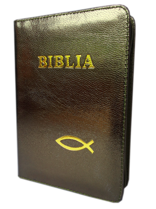 Biblia mica, piele, fermoar, gri inchis, cu peste, cuv. lui Isus cu rosu [043 A]