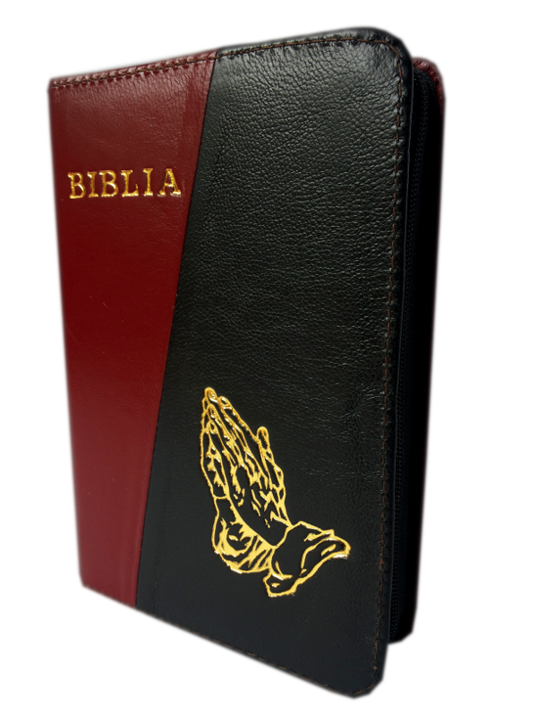 Biblie din piele, mica, visiniu / negru, fermoar, cu maini, cuv. lui Isus in rosu [043 A]