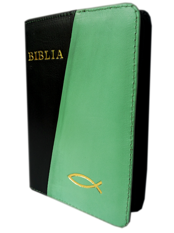 Biblie din piele, mica, negru / verde deschis, fermoar, cu peste, cuv. lui Isus in rosu [043 A]