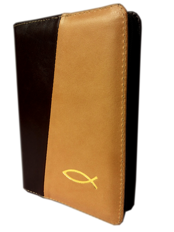 Biblia mica, piele, fermoar, maro inchis / maro deschis, cu peste, cuv. lui Isus cu rosu [043 A]