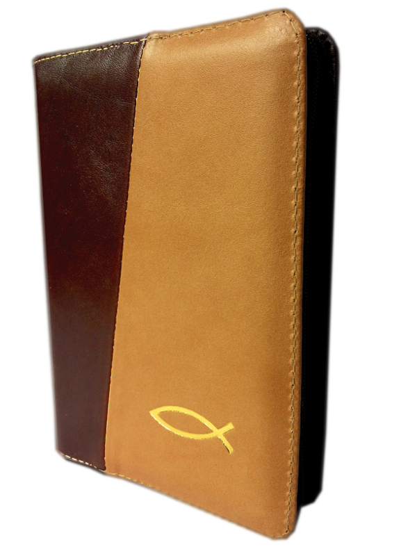 Biblie din piele, marime mica, maro / bej, fermoar, simbol peste [043 PF]