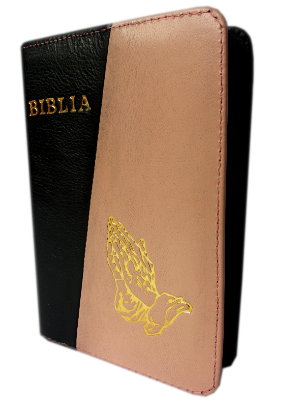 Biblie din piele, mica, negru / roz, fermoar, cu maini, cuv. lui Isus in rosu [043 A]
