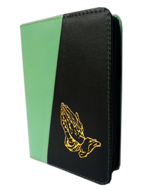 Biblie din piele, mica, verde deschis / negru, fermoar, cu maini, cuv. lui Isus in rosu [043 A]