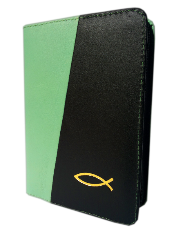Biblie din piele, mica, verde deschis / negru, fermoar, cu peste, cuv. lui Isus in rosu [043 A]