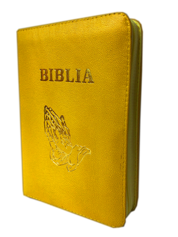 Biblia mica, piele, fermoar, galbena, cu maini, cuv. lui Isus cu rosu [043 A]